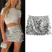 Silver Sequin High Waist Mini Skirt For Women Shiny Glitter Y2K Fashion Party Short Skirt Elegant