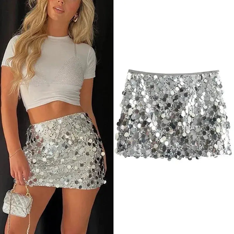 Silver Sequin High Waist Mini Skirt For Women Shiny Glitter Y2K Fashion Party Short Skirt Elegant