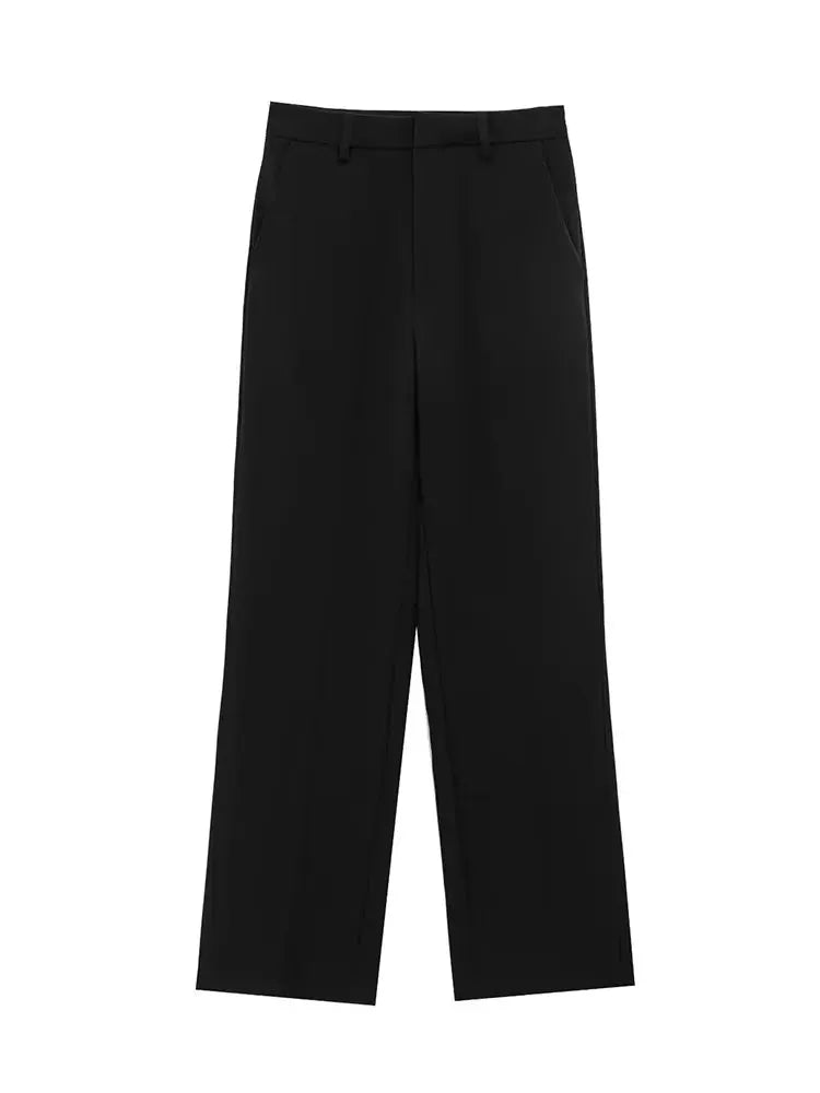 TFMLN Women Slim Lapel Zipper Coat Two Piece Set Wide Leg Pants Black
