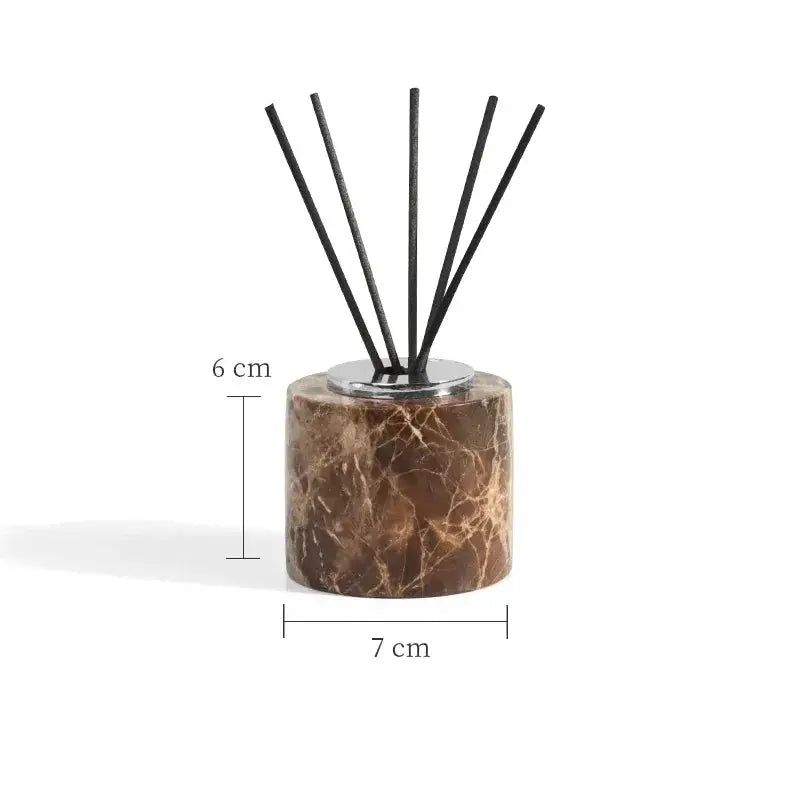 Emperador Dark marble bathroom diffuser set with brown natural marble base and black reed sticks by Simples Market