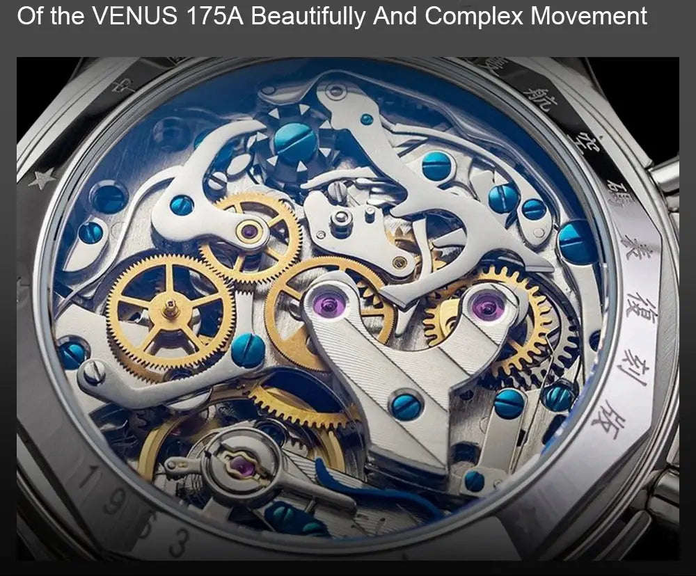 Skeleton watch movement with blue screws and gold gears
