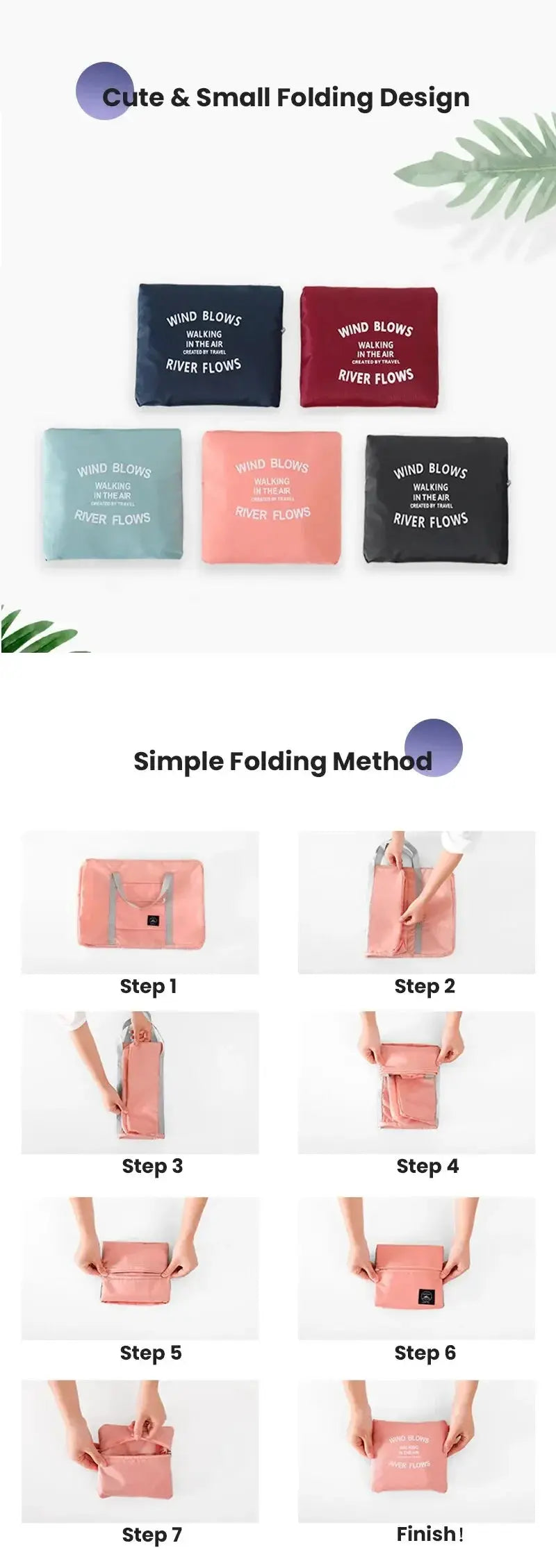 Foldable travel duffel bag by Simples Market; lightweight carry-on in pink, peach, teal, navy, red, and gray (set of 6)