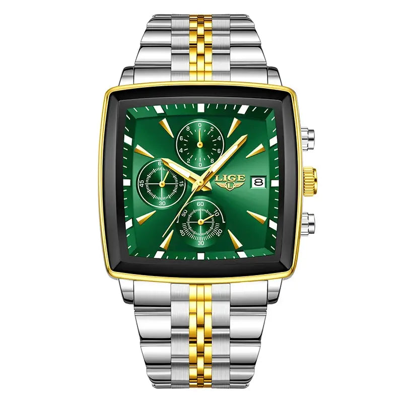 LIGE men's square stainless steel watch with two-tone bracelet, green dial, chronograph subdials, date window