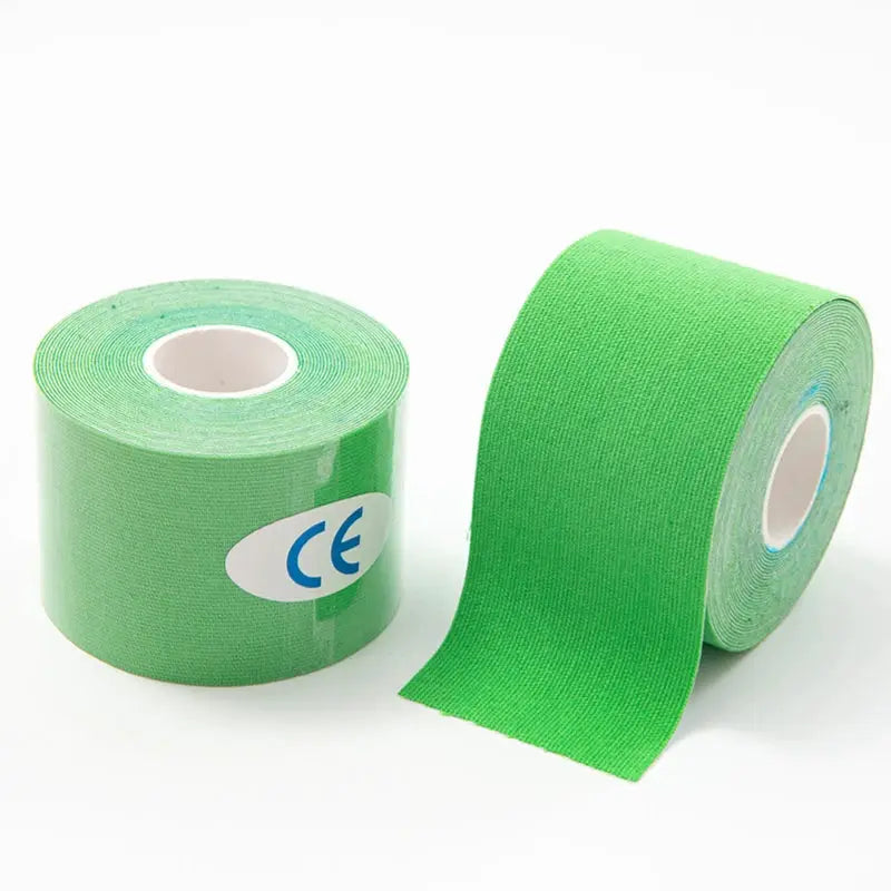 Simples Market kinesiology tape, green 5–10 cm wide elastic athletic tape, CE-certified, two rolls.