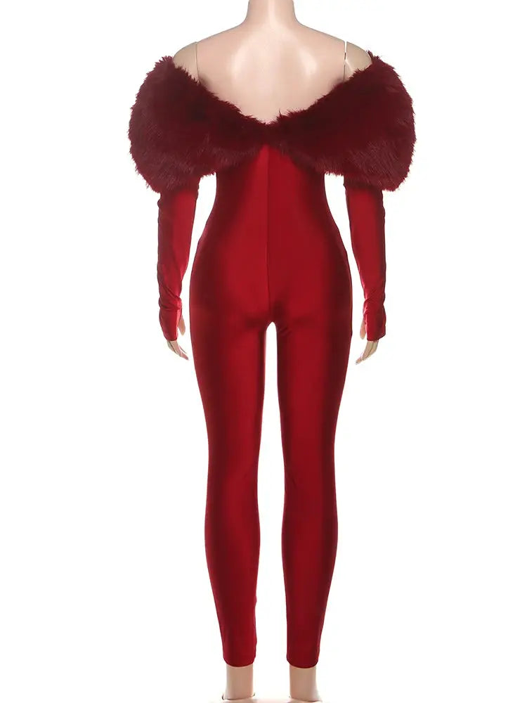 Simples Market Sisterlinda furry slash-neck red velvet jumpsuit with plush shoulder fur for women