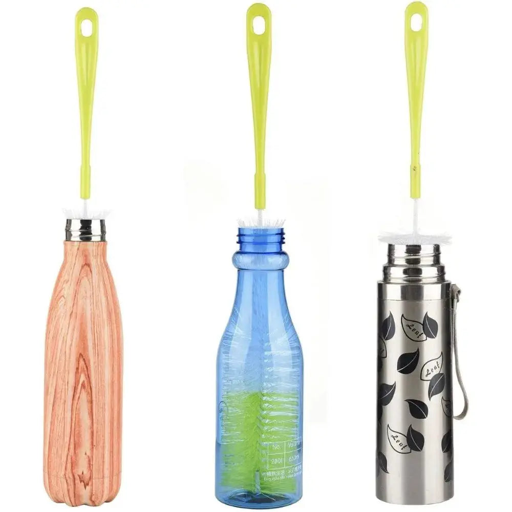 Three 16-inch bottle brush cleaners with neon yellow handles and white bristles for wine, beer, sport bottles.
