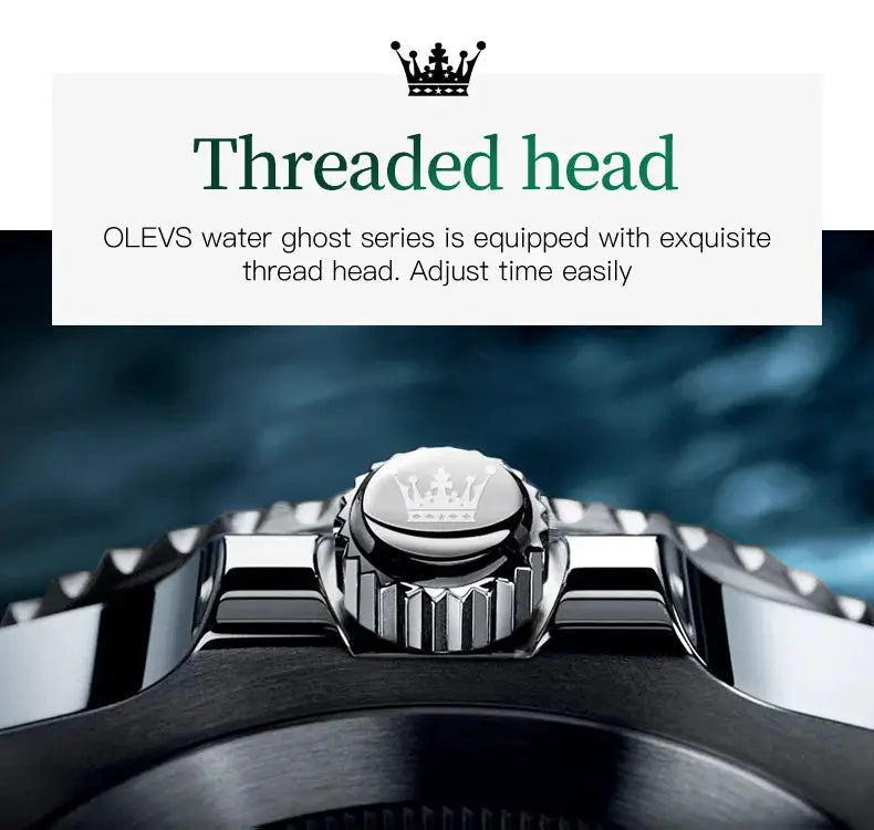 Men's stainless steel diving watch close-up of crown detail, silver-toned finish