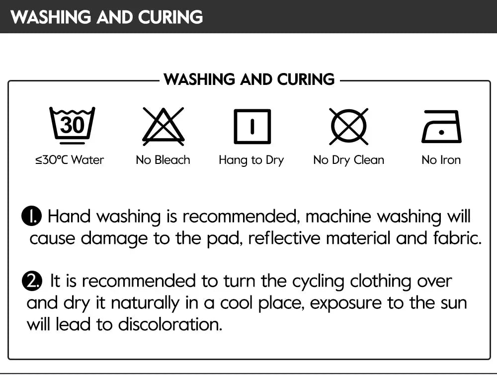 Simples Market men's cycling bib shorts care label with washing icons and hand-wash guidance.