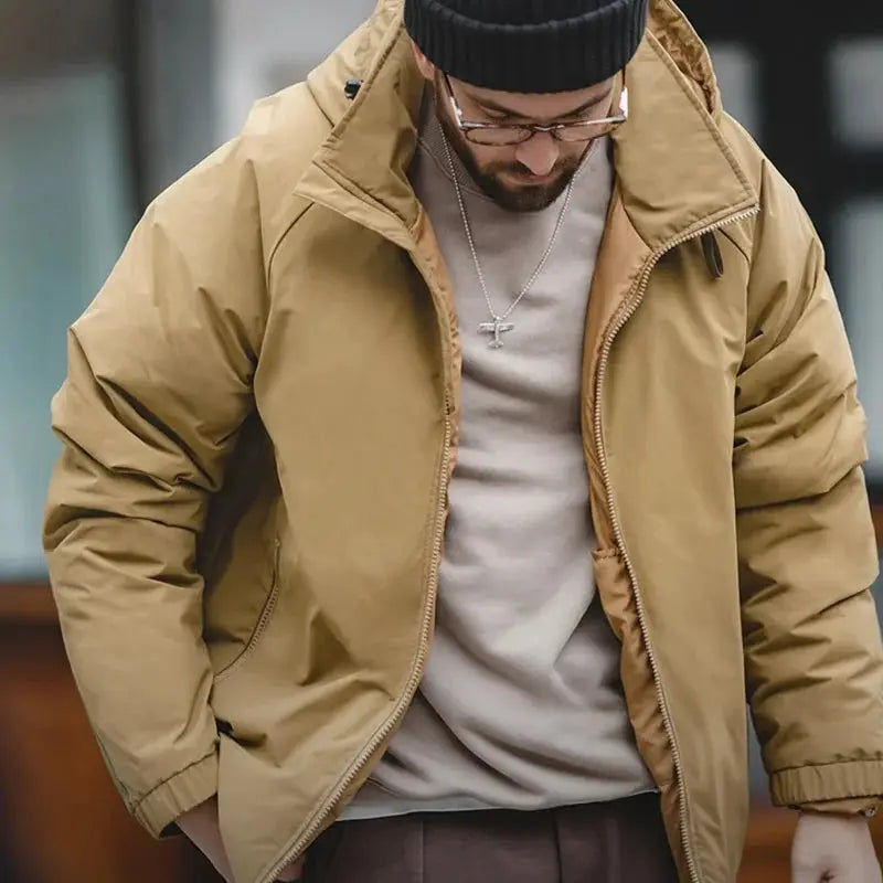 Maden Hooded Down Jacket for Men by Simples Market in tan with zip front parka outerwear.