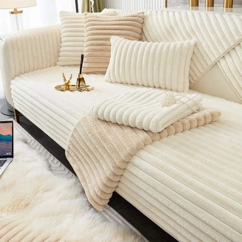Thicken plush stripe imitation rabbit fur non-slip sofa cover by Simples Market in cream with throw and cushions