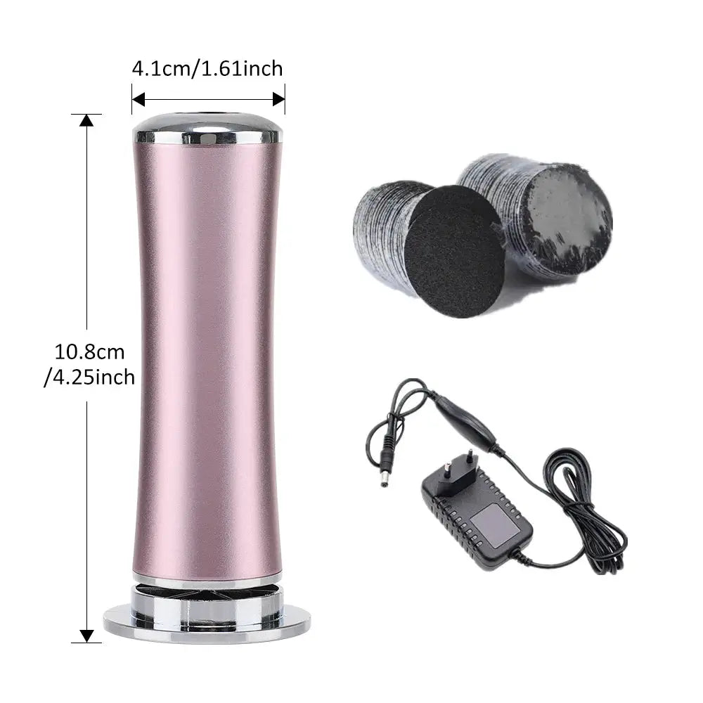 Electric foot callus remover with pink body, includes 2 replacement sanding discs and power adapter