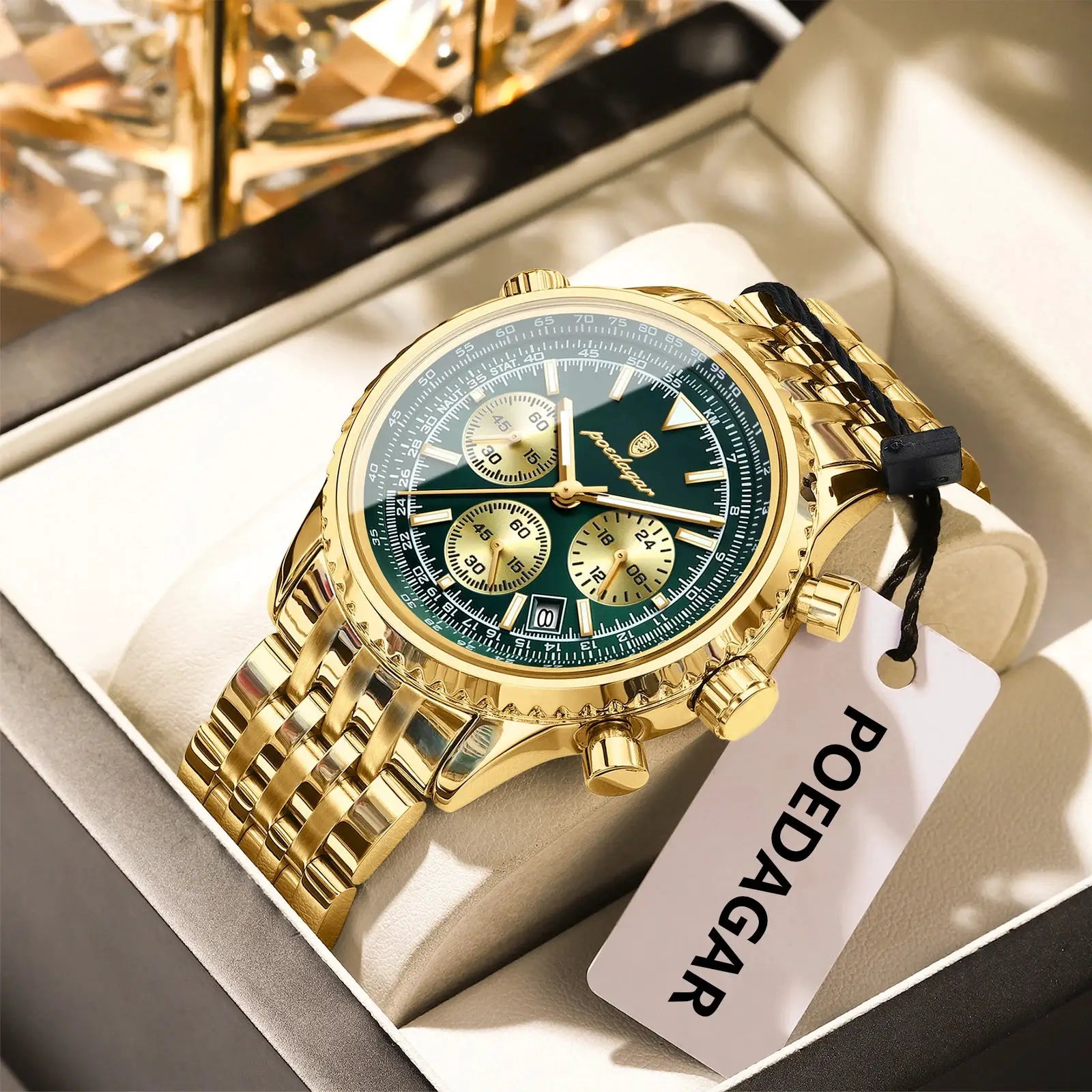 POEDAGAR gold-tone stainless steel men's chronograph watch with green dial