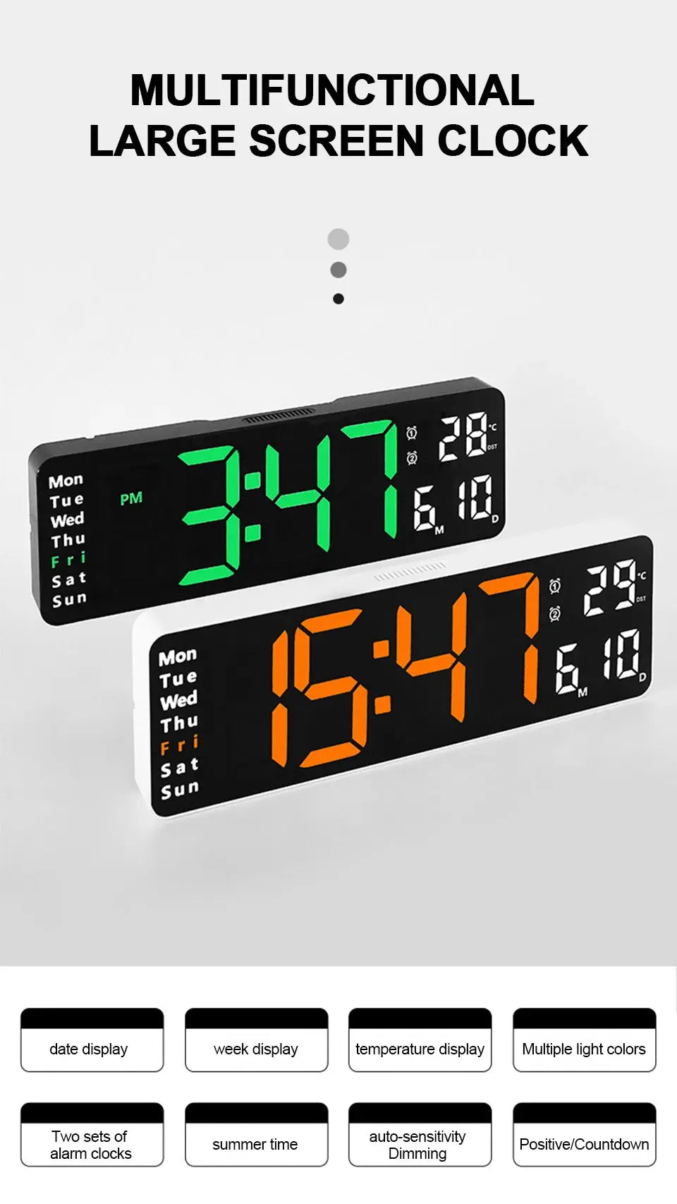 Two large digital wall clocks by Simples Market with dual alarms, remote control, date/week, temperature, green LEDs