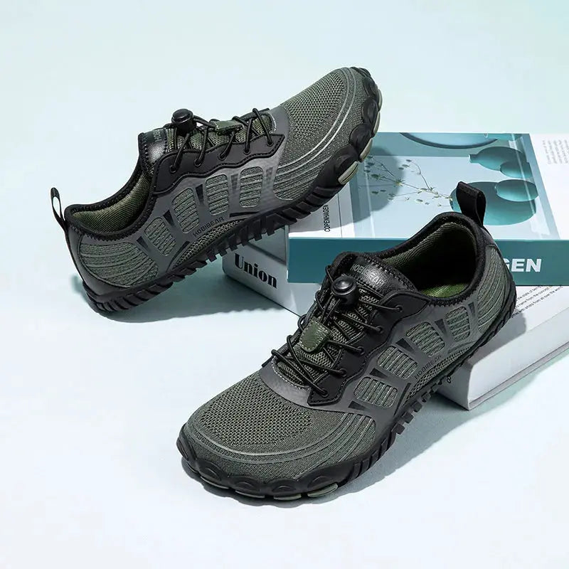 HOBIBEAR barefoot shoes pair in grey-green breathable mesh with black overlays and elastic lacing