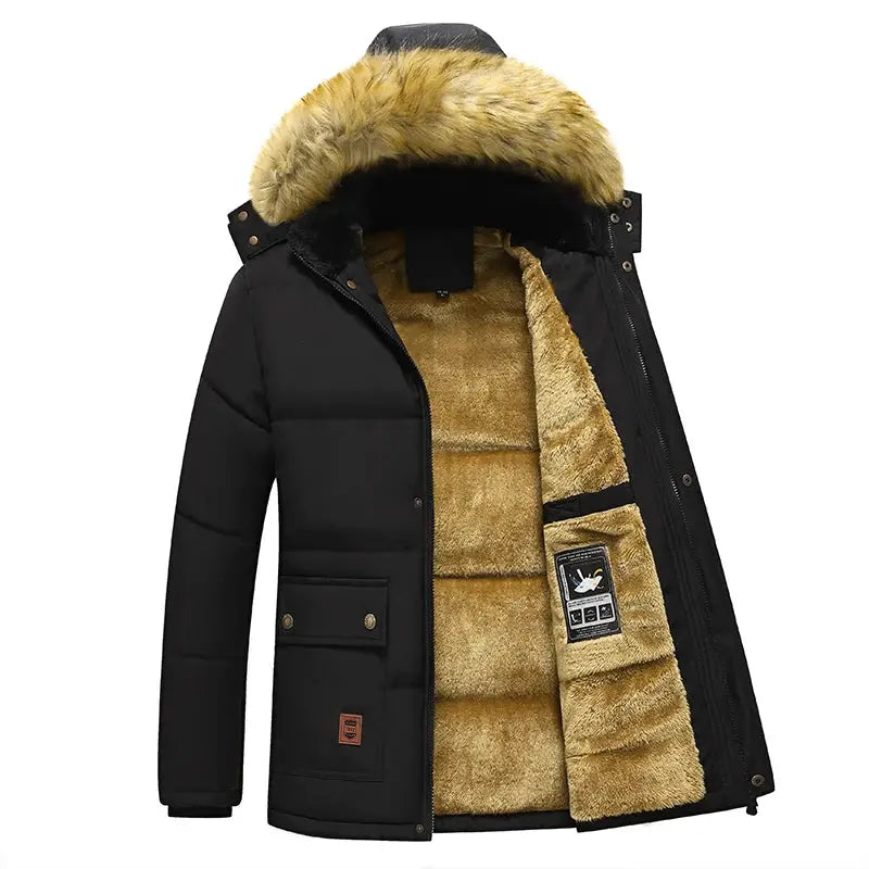 Men's Simples Market windproof fleece parka jacket with fur hood, black exterior and tan faux fur lining