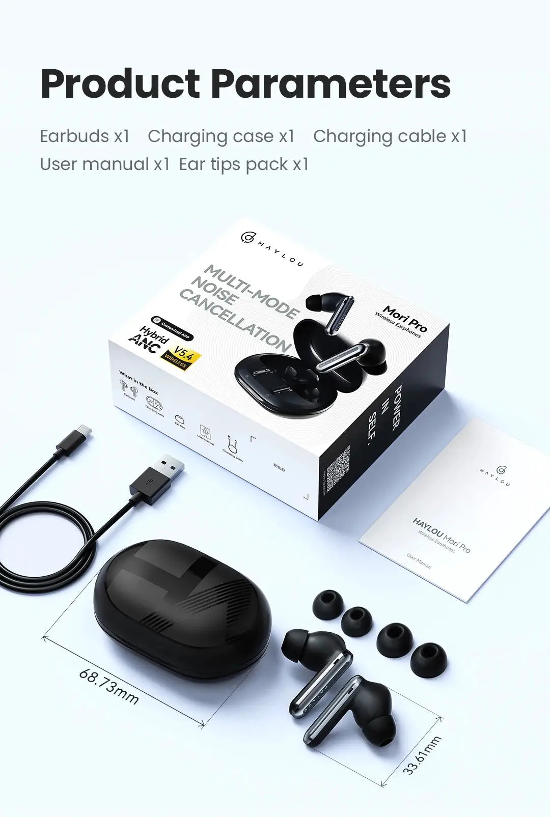 Haylou Mori Pro wireless earbuds in black with charging case and USB-C charging cable