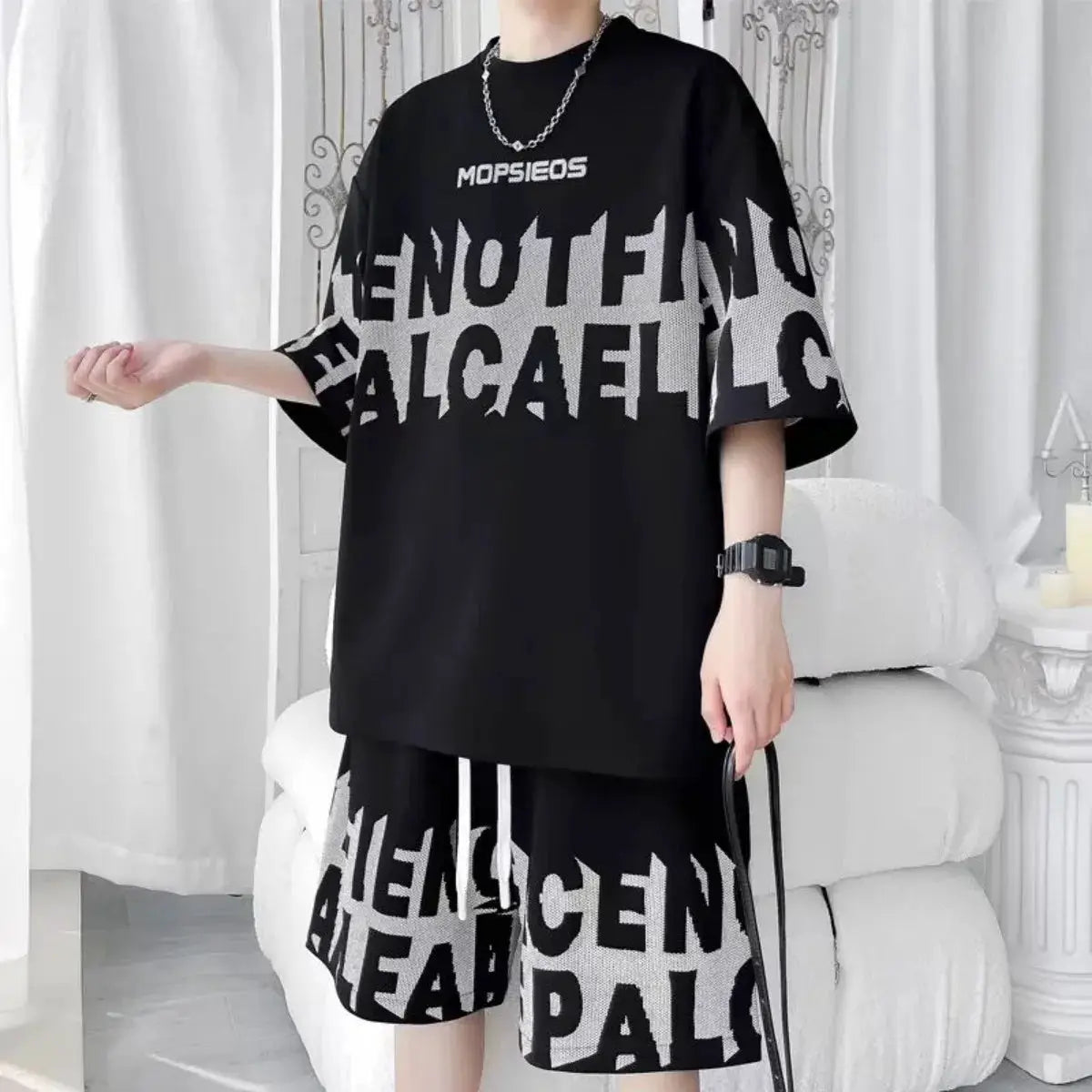 Men's fashion personality letter printed short sleeved shorts two-piece set outdoor sports breathable T-shirt set