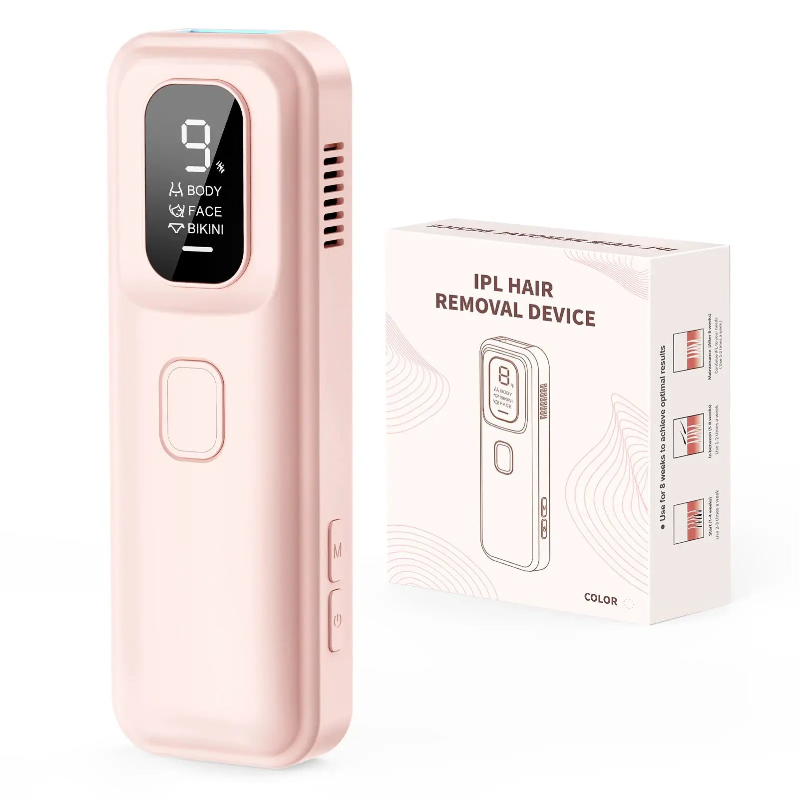 Simples Market pink IPL hair removal device with digital display and 3-in-1 ice-cooling design, shown with its box