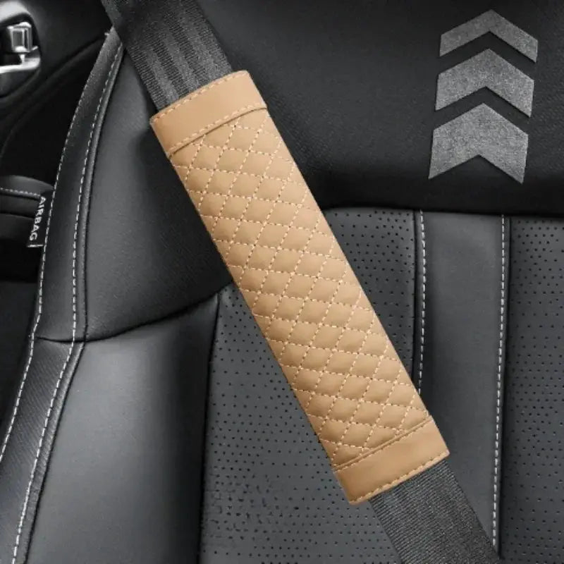 Tan quilted leather car seat belt shoulder pad, wear‑resistant and non‑slip