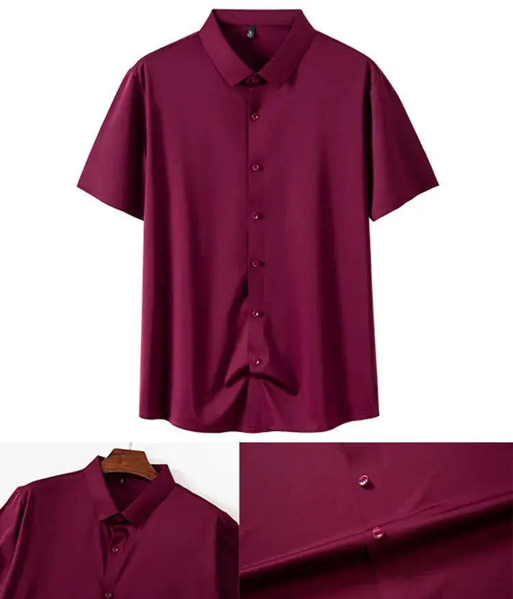 Men's short-sleeve burgundy dress shirt by Simples Market, wrinkle-free, button-front