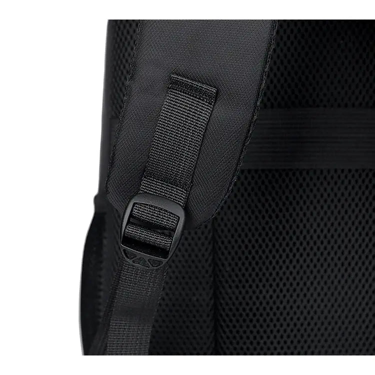 Travel backpack with black adjustable shoulder strap and breathable mesh back panel