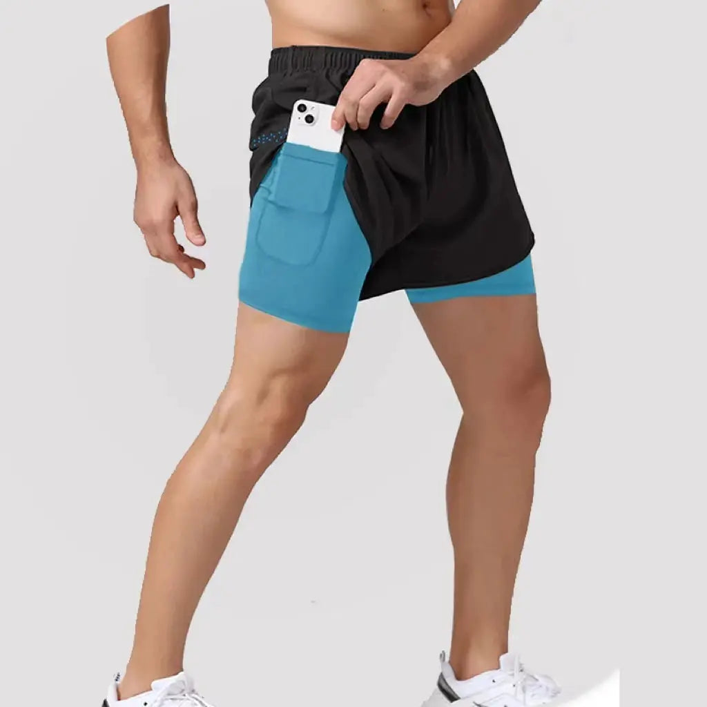 Men's double-layer quick-dry shorts in black with blue inner panel and side phone pocket