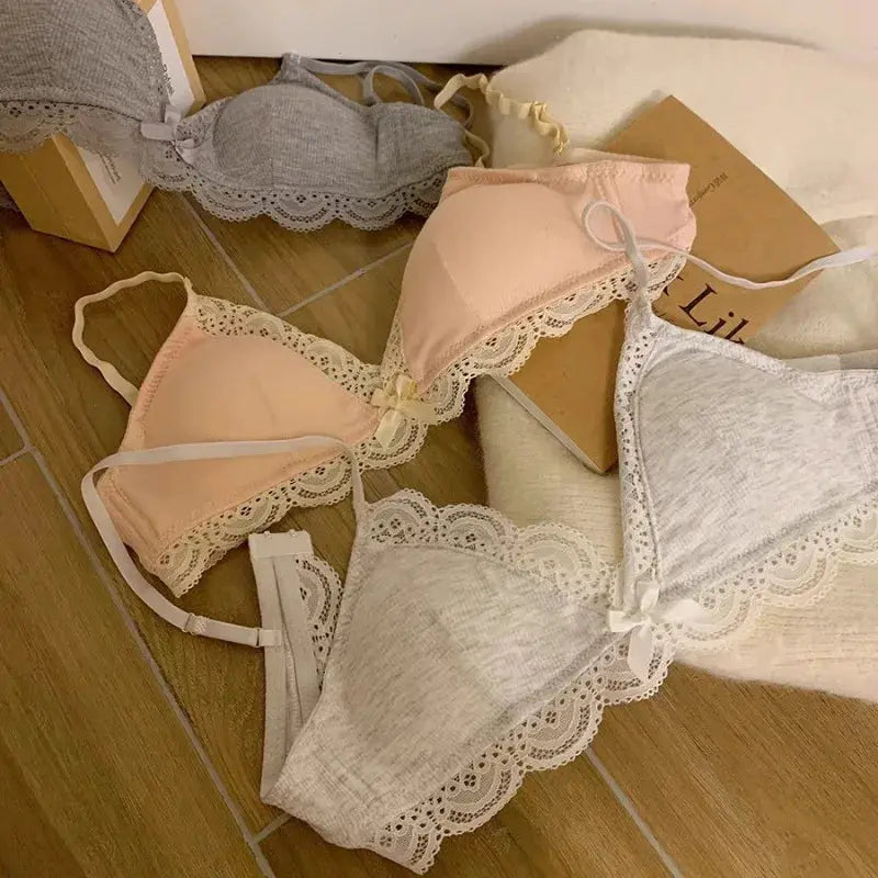 Women's triangle-cup lace wireless bra set in peach and gray; 3-piece collection