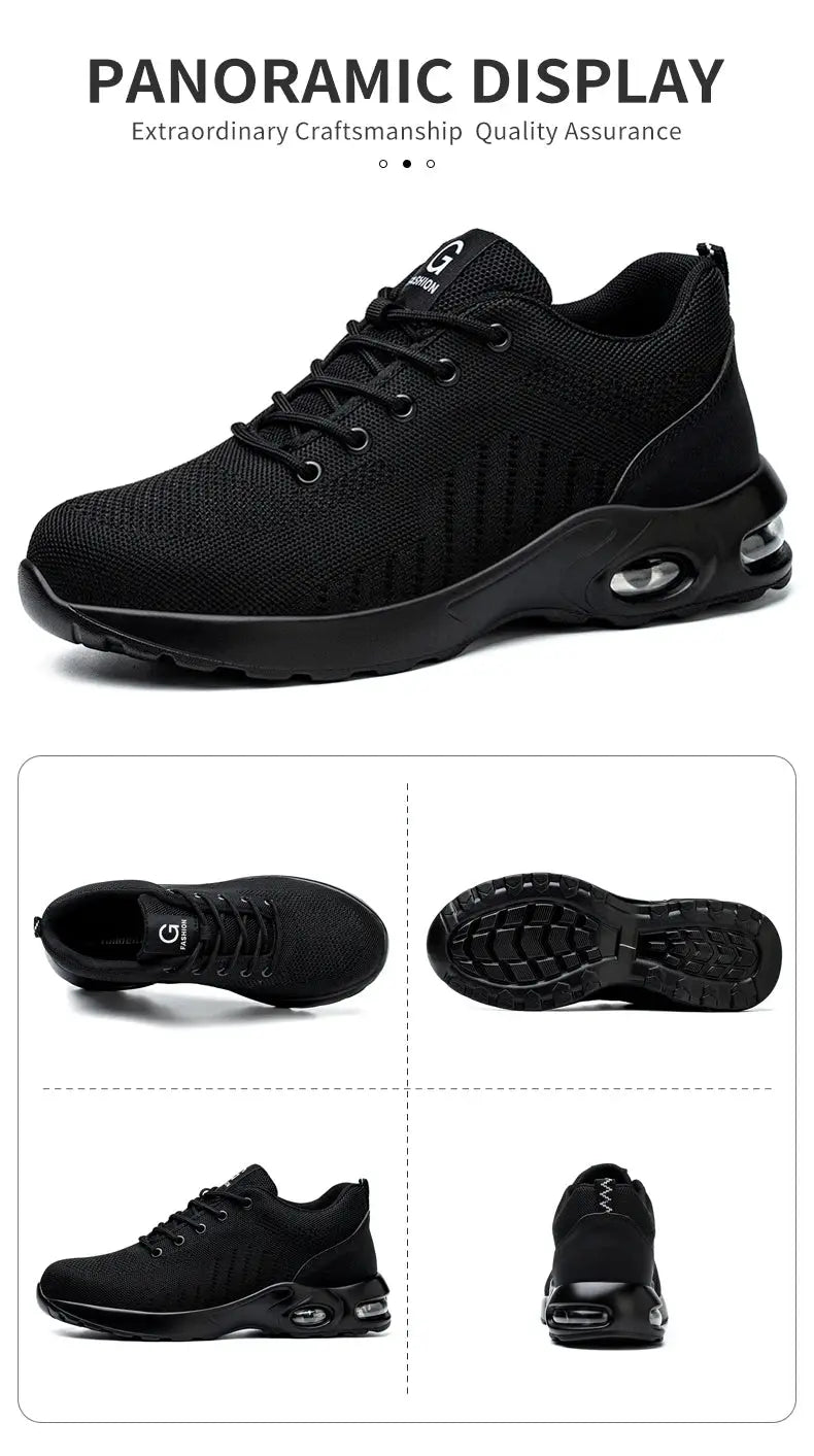 Simples Market black air-cushion work safety shoes, breathable mesh upper with steel toe