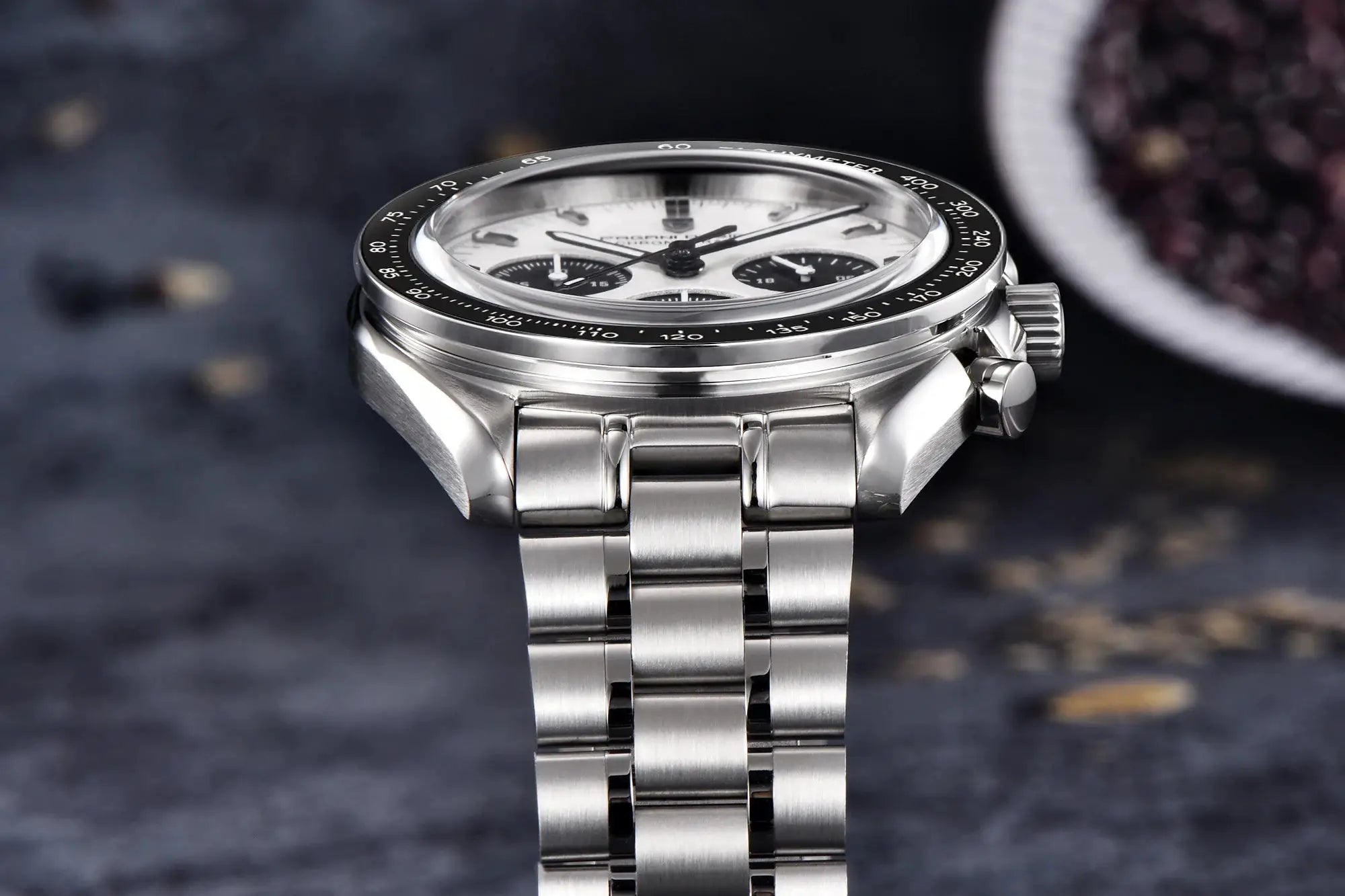 PAGANI DESIGN men's chronograph watch with stainless steel bracelet, white dial, black tachymeter bezel.