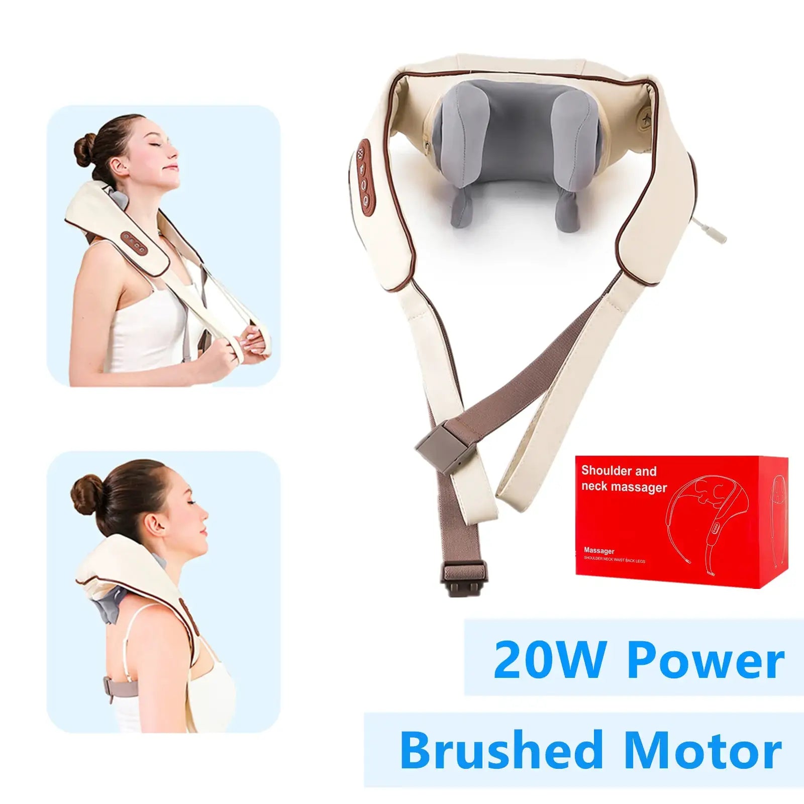 Foreverlily neck and shoulder massager, 26W brushless motor, wireless, beige with gray cushions by Simples Market