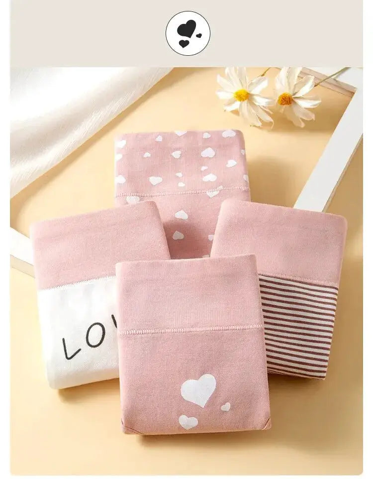 4-pack women's high-waist cotton panties in pink, featuring heart prints and striped detail