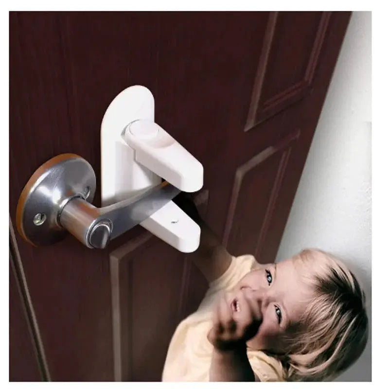 Universal door lever safety lock, white plastic adhesive latch for childproofing by Simples Market