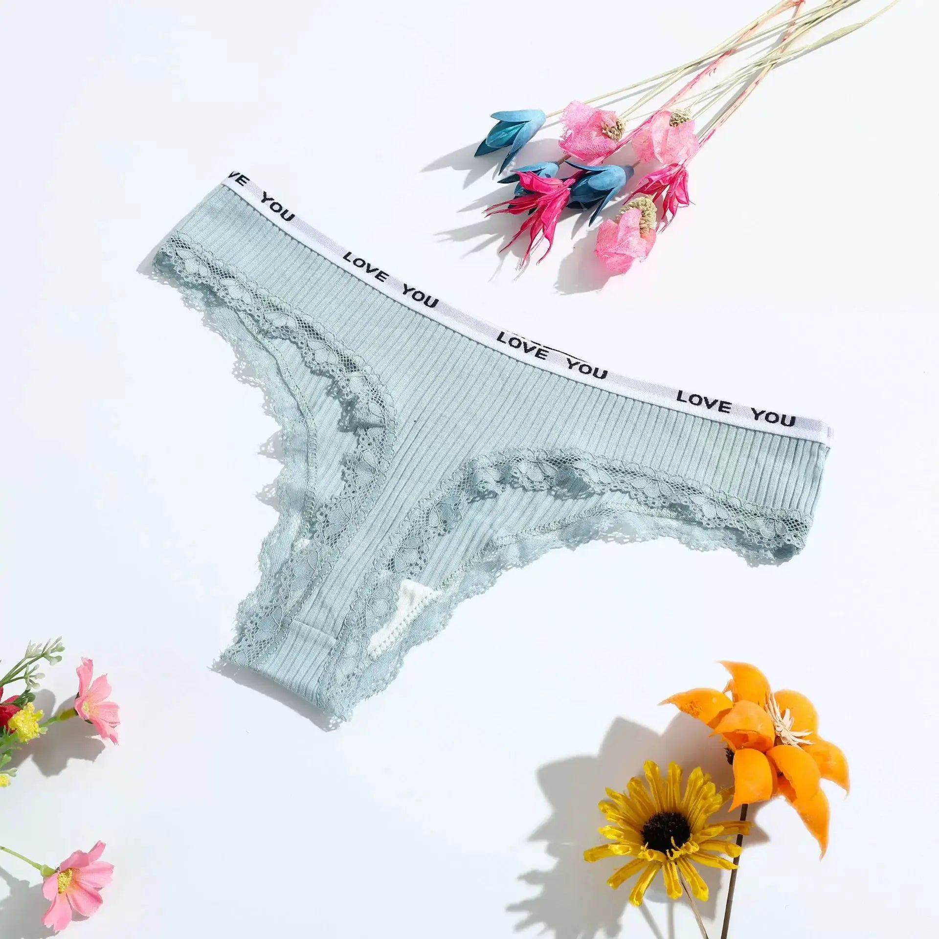 Light blue lace thong underwear with T-back and waistband printed LOVE YOU.