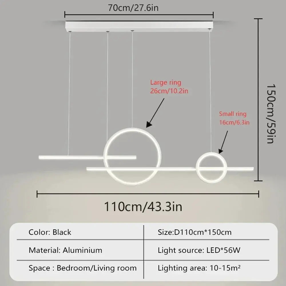 Simples Market modern LED chandelier pendant light with two circular rings and a horizontal bar, black aluminum