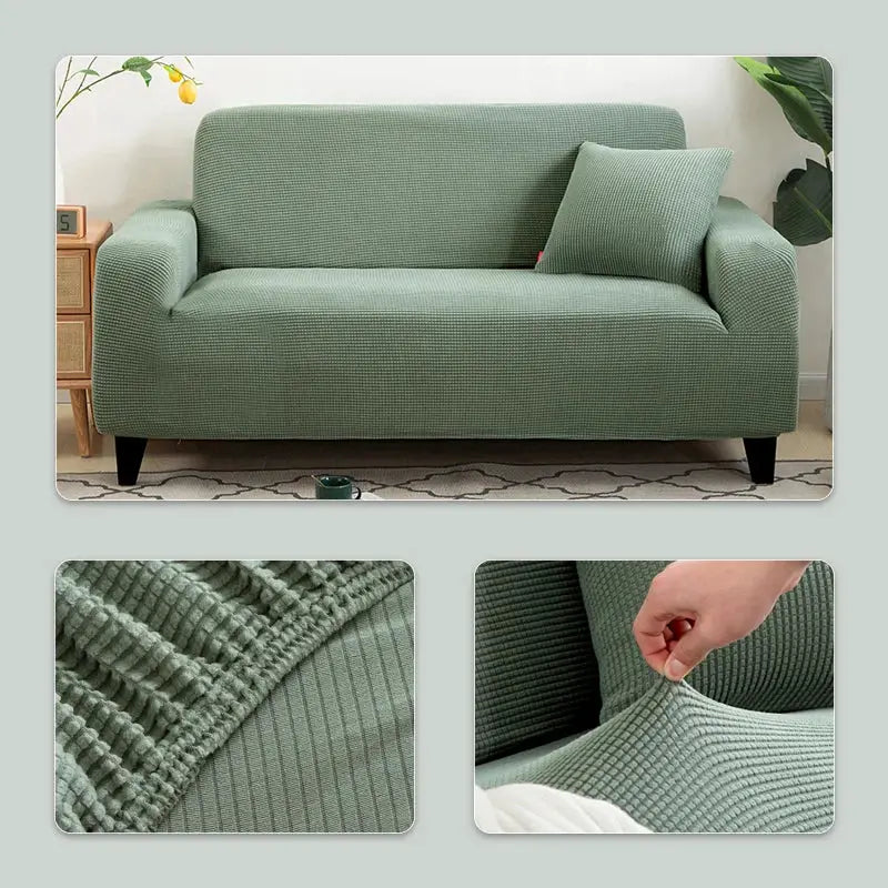 Elastic Jacquard sofa cover by Simples Market in green; a stretchable textured slipcover for sofas