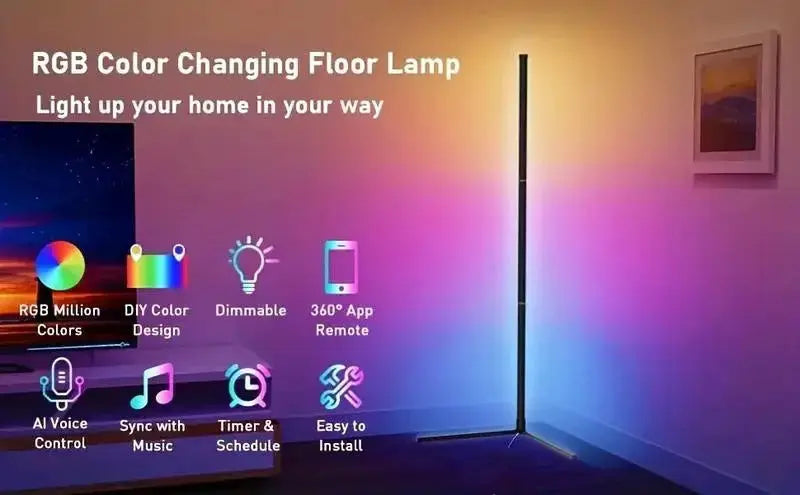 1PC Corner Floor Lamp by Simples Market, RGB LED color-changing with remote and app control, easy to install