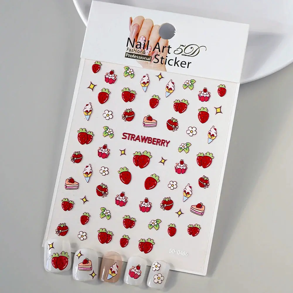 Nail art sticker sheet by Simples Market with strawberry, cake, and flower decals for nails