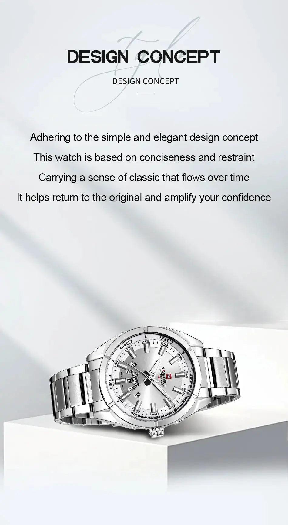 Naviforce stainless steel men's watch with silver-tone dial and date display