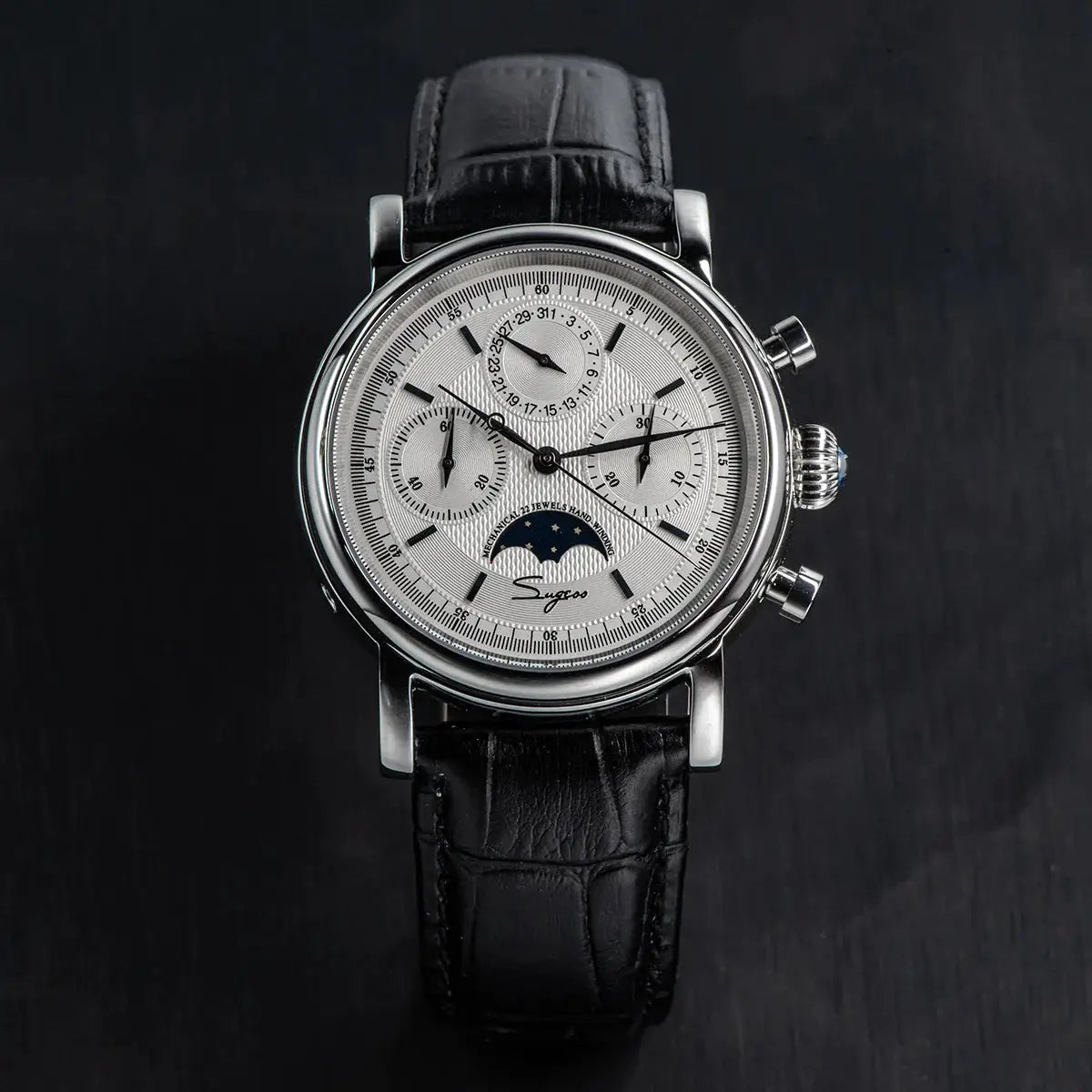 Sugess men's chronograph watch with moonphase calendar, silver dial, silver case, black leather strap
