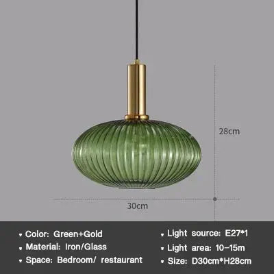 Nordic glass pendant light, green and gold ribbed dome with E27 bulb for restaurant or bedroom