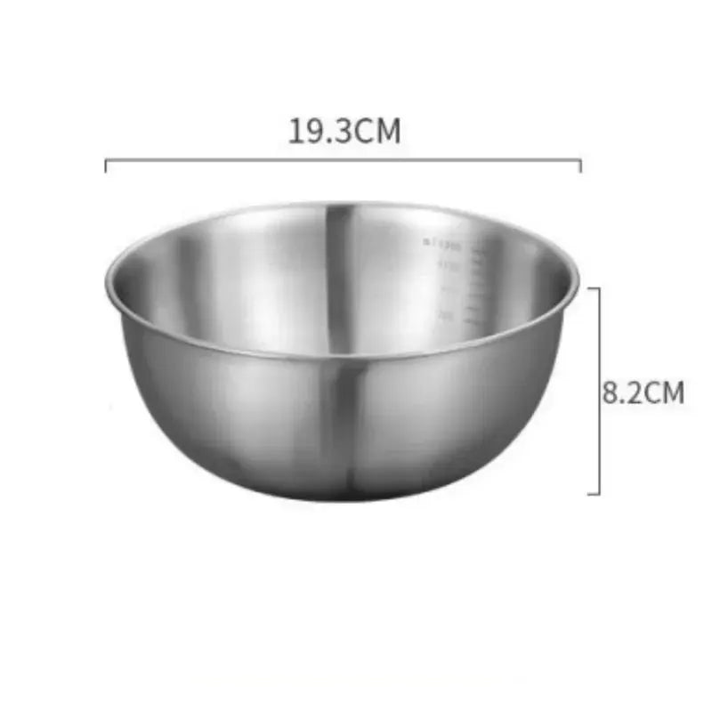 Stainless steel mixing bowl with internal measurement marks, 19.3 cm diameter, 8.2 cm tall