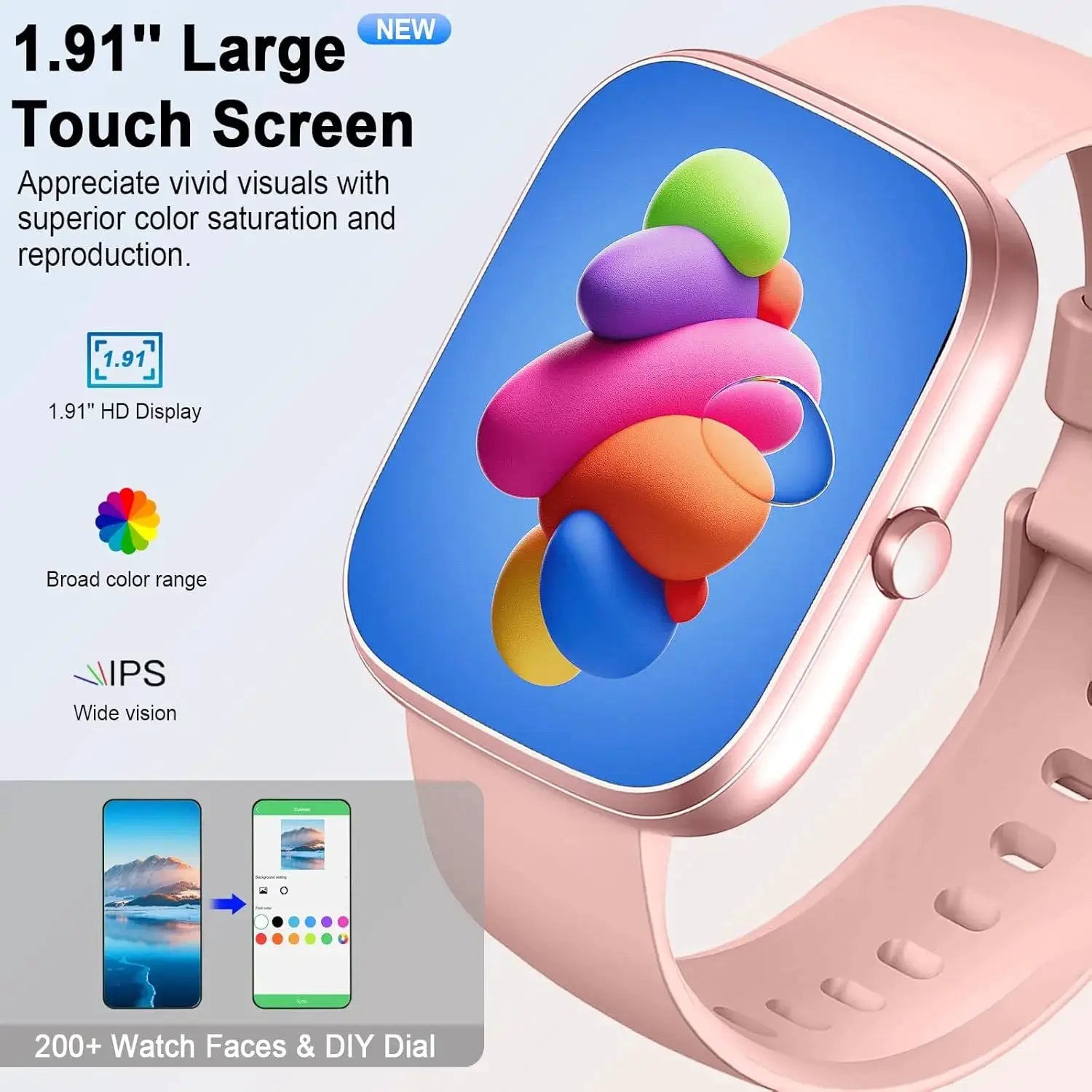 Simples Market smart watch with pink band and 1.91-inch large touch display (IP68) and 200+ watch faces