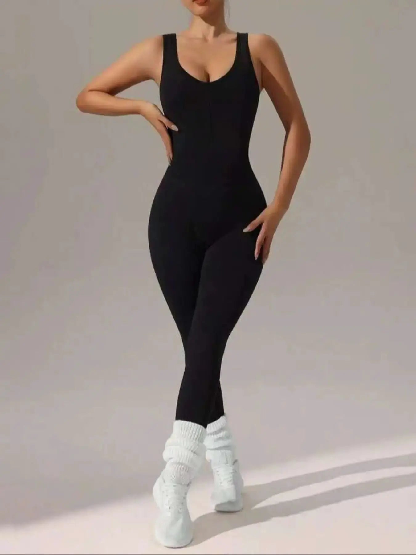 Women's black vest jumpsuit with hollow design; elastic and soft yoga running suit, 4 colors available