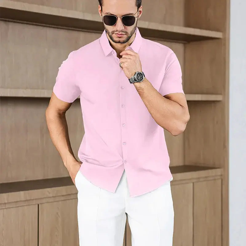 Men's pink short-sleeve business casual shirt with button-front in pastel color
