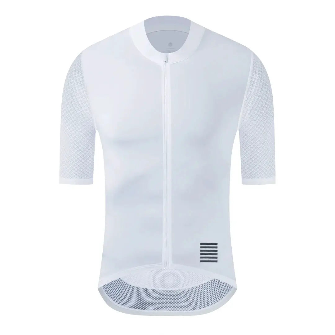 YKYWBIKE men's cycling jersey, white short-sleeve with mesh sleeves and full-length zipper