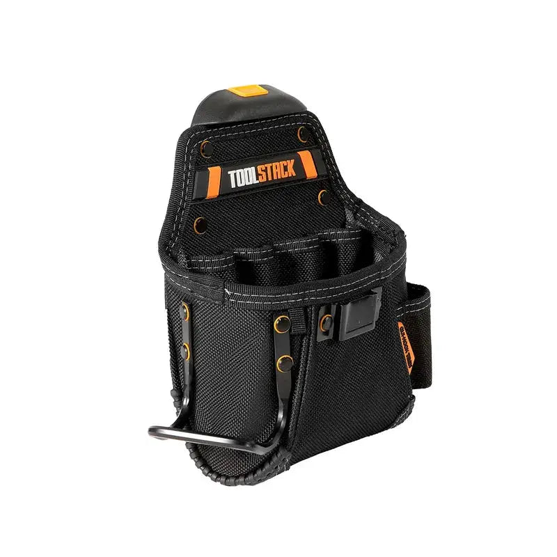 TOOLSTACK Mini Utility Tool Bag in black Oxford fabric with orange accents; waist pouch for hammer and screwdrivers
