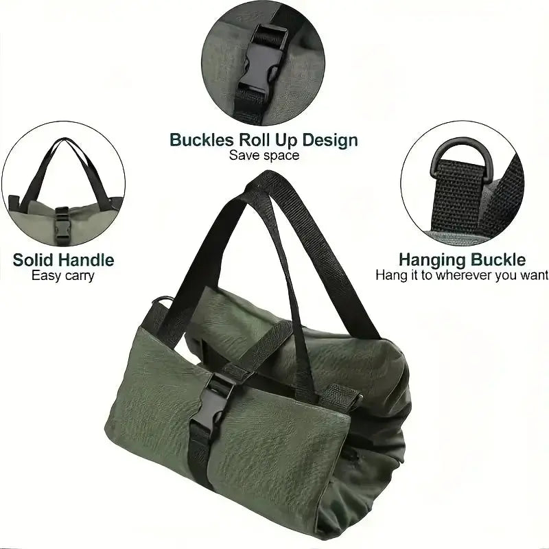 Simples Market multi-pocket tool bag in olive green, roll-up design with buckle closures and sturdy handles