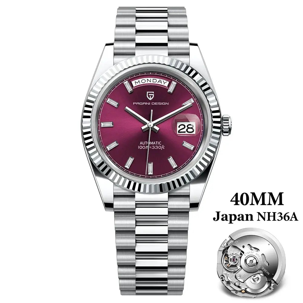 Pagani Design 40mm stainless steel automatic men’s watch with purple dial, day/date windows, NH36A movement, and linked bracelet.