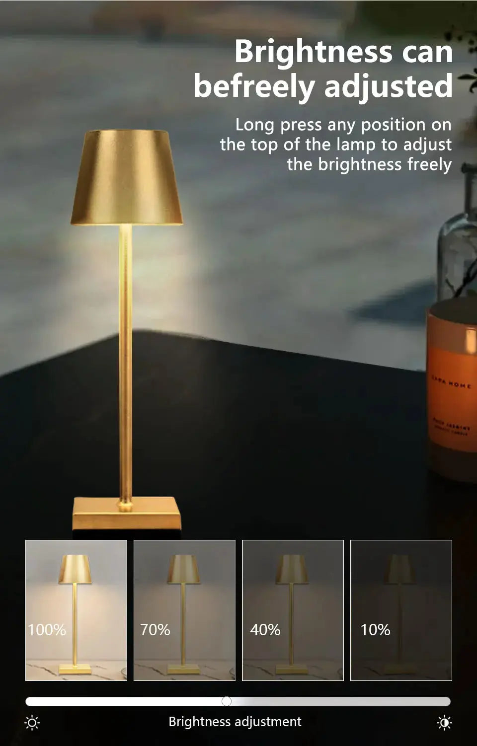 Gold LED desk lamp with touch control for USB rechargeable desktop ambient lighting