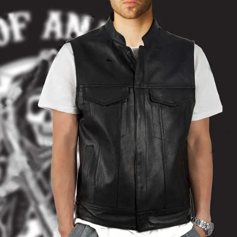 Men's faux leather waistcoat with stand collar, black biker vest over a white T-shirt.